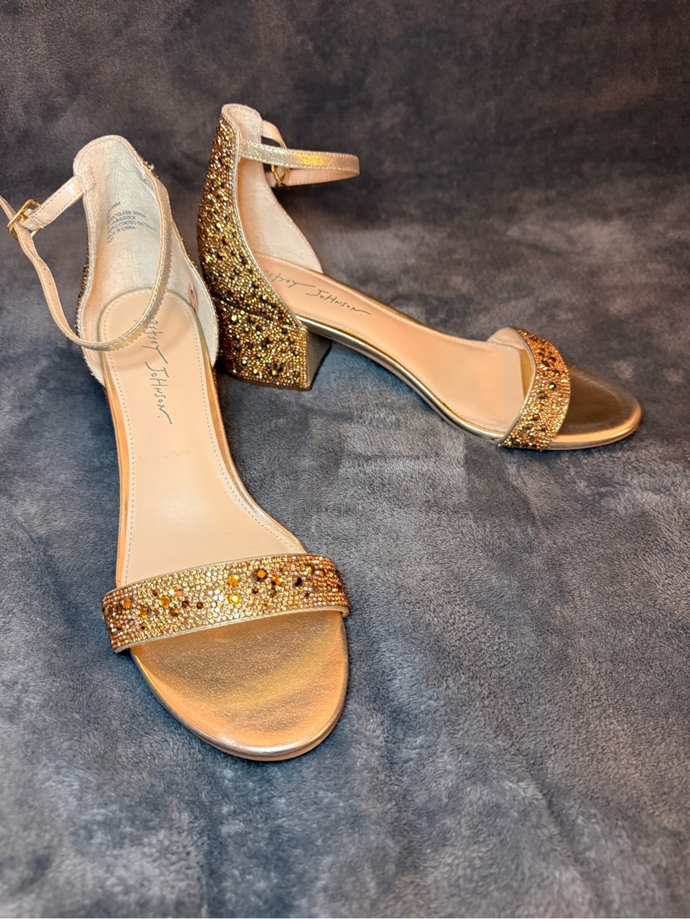 Betsey Johnson Gold Crystal Block Heel Sandals